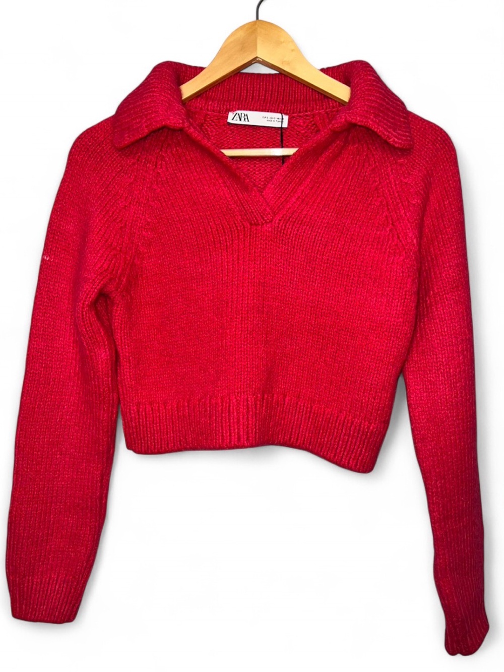 Zara NWT Raspberry Red Cropped Knit Sweater Polo Collar S Textured Pink Red